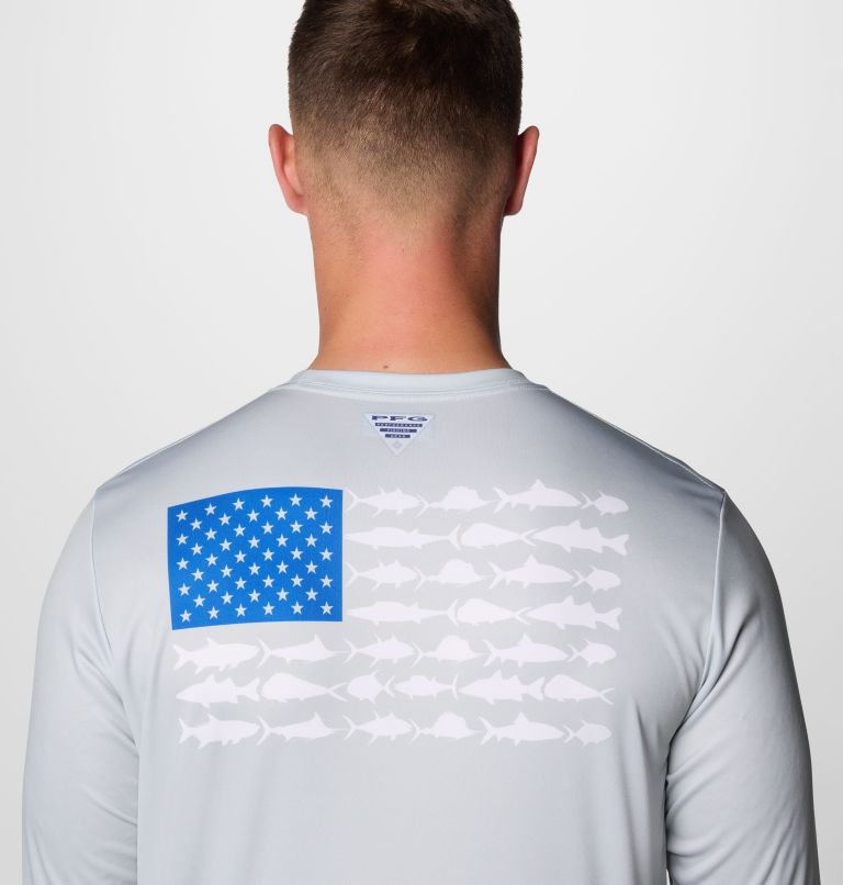 Men's PFG Terminal Tackle Fish Flag Long Sleeve Shirt - Tall, Color: Cool Grey, Vivid Blue, image 6