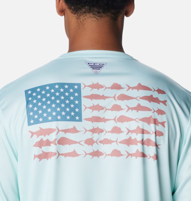 Columbia Men's Omni-Shade Fishing Shirt PFG Fish Flag, Blue/White, Large  UPF 50