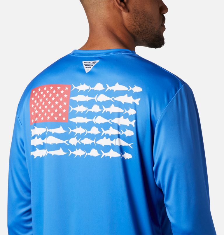 Columbia Men's PFG Terminal Tackle Fish Flag Long Sleeve Shirt, LT, Vivid Blue/White