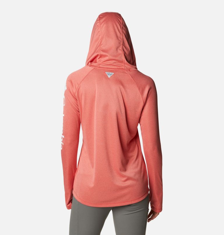 Women's PFG Tidal Tee Heather Hoodie, Color: Red Spark Heather, White Logo, image 2