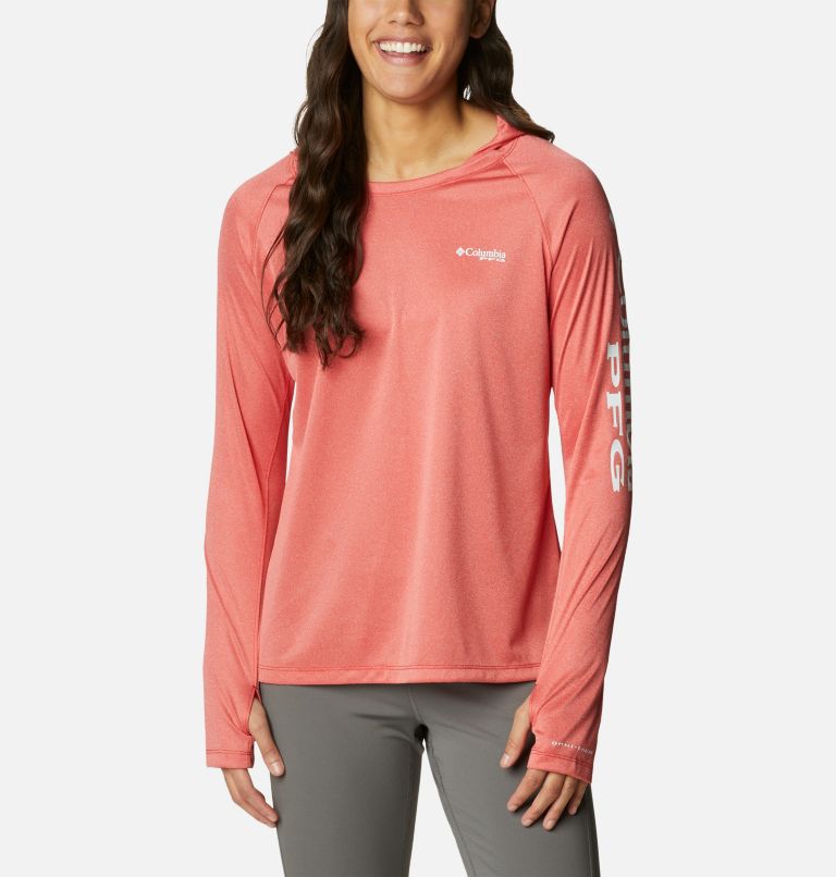 Women's PFG Tidal Tee Heather Hoodie, Color: Red Spark Heather, White Logo, image 1