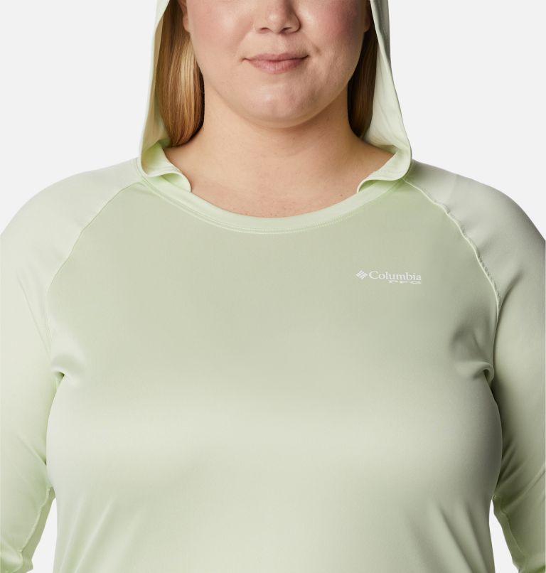 Women's PFG Tidal Tee Heather Hoodie - Plus Size, Color: Light Lime Heather, White Logo