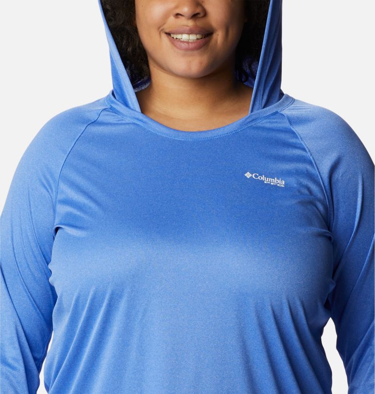 Women's PFG Tidal Tee Heather Hoodie - Plus Size, Color: Blue Macaw Heather, White Logo