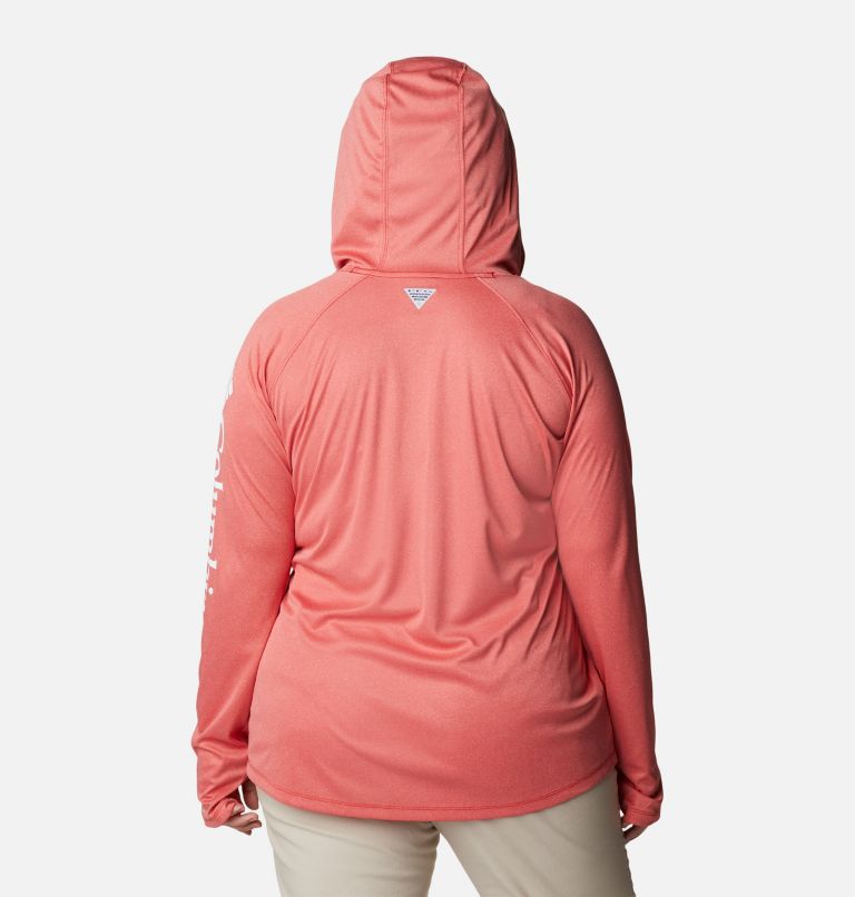 Thumbnail: Women's PFG Tidal Tee Heather Hoodie - Plus Size, Color: Red Spark Heather, White Logo, image 2