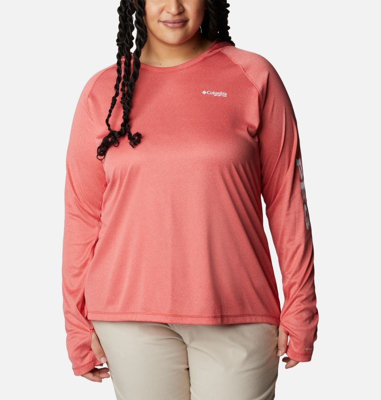 Women's PFG Tidal Tee Heather Hoodie - Plus Size, Color: Red Spark Heather, White Logo