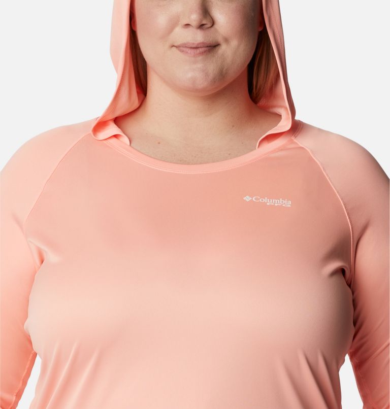 Women's PFG Tidal Tee Heather Hoodie - Plus Size, Color: Tiki Pink Heather, White Logo