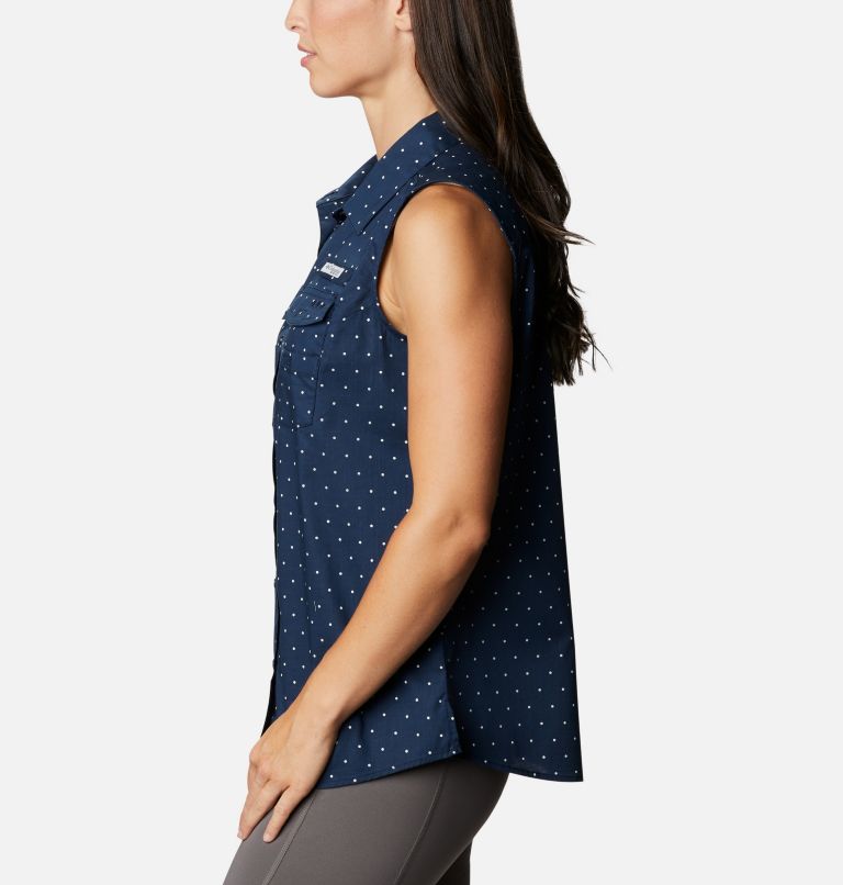 Women's PFG Bonehead Stretch Sleeveless Shirt, Color: Collegiate Navy Swiss Dot