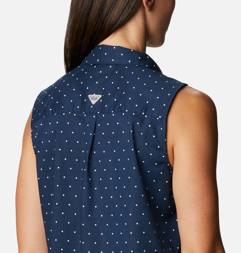 Women's PFG Bonehead Stretch Sleeveless Shirt, Color: Collegiate Navy Swiss Dot, image 5