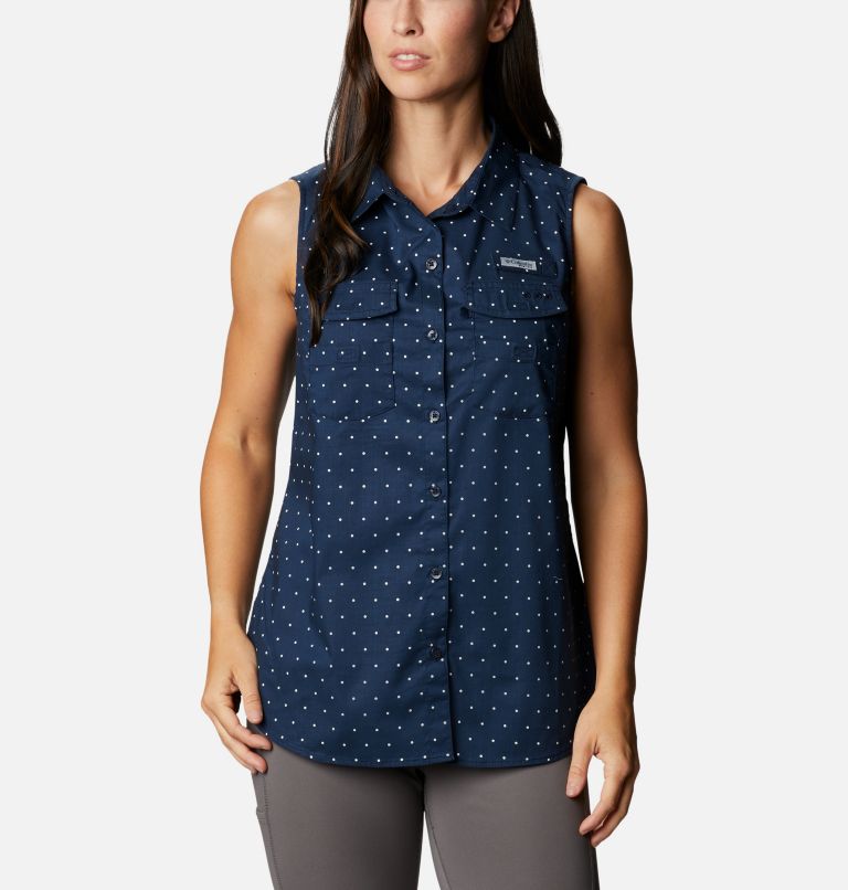 Thumbnail: Women's PFG Bonehead Stretch Sleeveless Shirt, Color: Collegiate Navy Swiss Dot, image 1