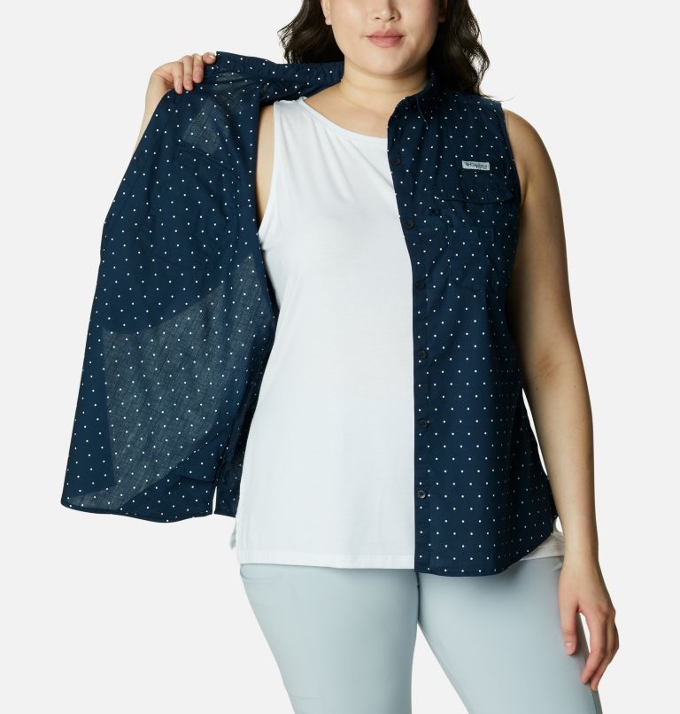 Women's PFG Bonehead Stretch Sleeveless Shirt – Plus Size, Color: Collegiate Navy Swiss Dot