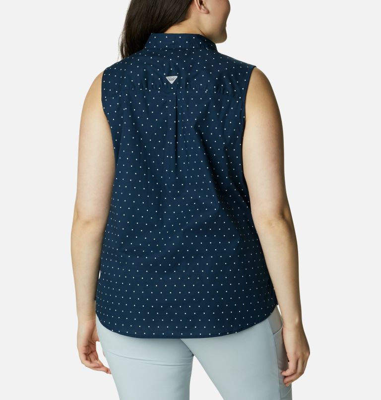 Women's PFG Bonehead Stretch Sleeveless Shirt – Plus Size, Color: Collegiate Navy Swiss Dot