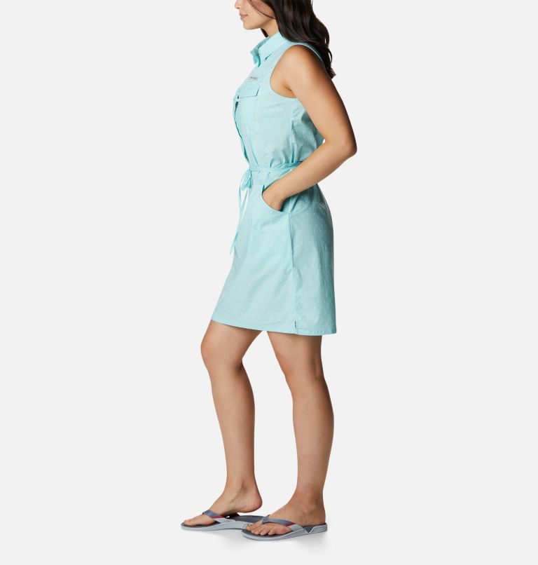 Women's PFG Bonehead Stretch Sleeveless Dress, Color: Gulf Stream Swiss Dot