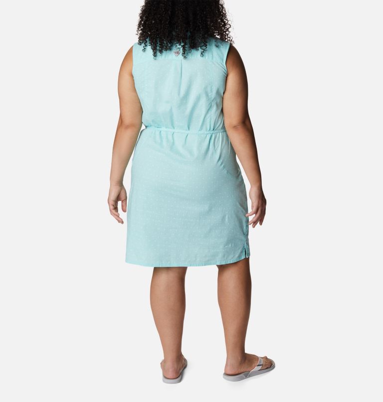 Women's PFG Bonehead Stretch Sleeveless Dress – Plus Size, Color: Gulf Stream Swiss Dot
