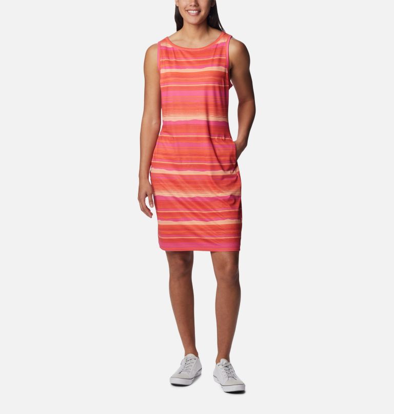 Thumbnail: Women's Chill River Printed Dress, Color: Sunset Orange, Horizons Stripe, image 1