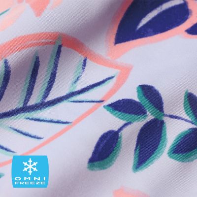 Close up of fabric with the Omni-Freeze logo in the bottom left and a graphic showing how the tech works.