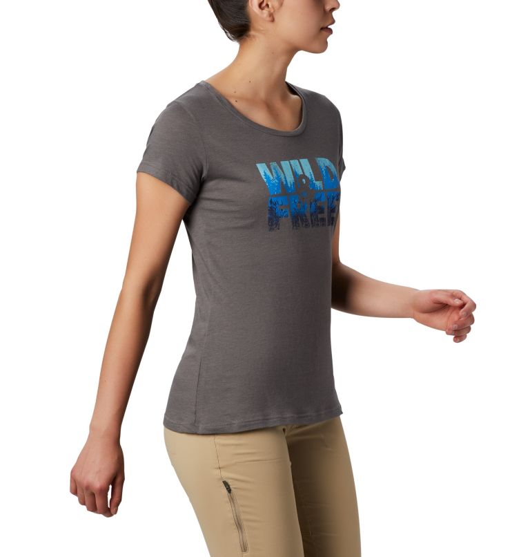 Women's Hidden Lake Crew Tee, Color: Charcoal Heather, Be Free, image 3