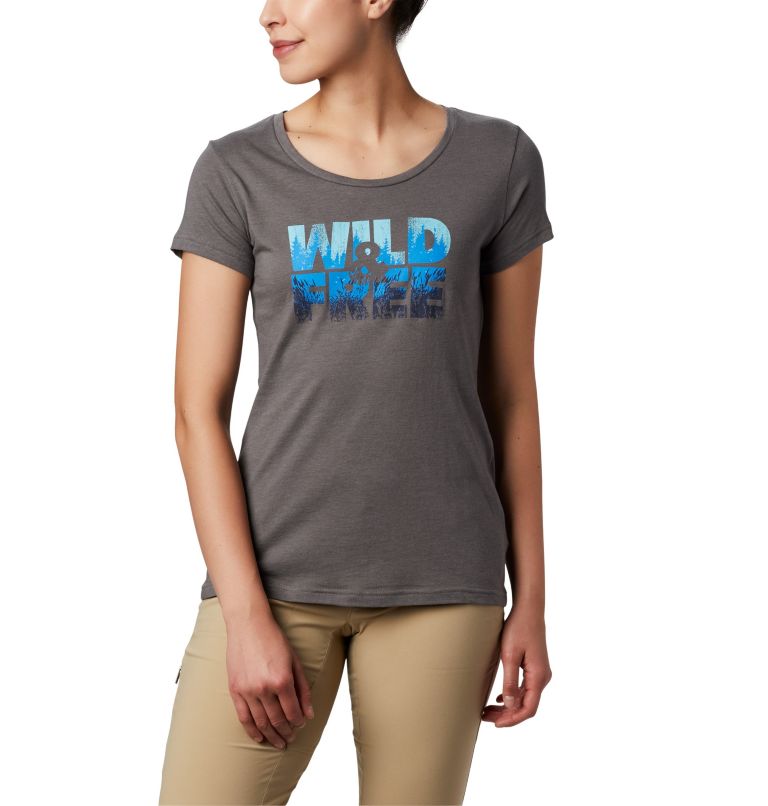 Women's Hidden Lake Crew Tee, Color: Charcoal Heather, Be Free, image 1