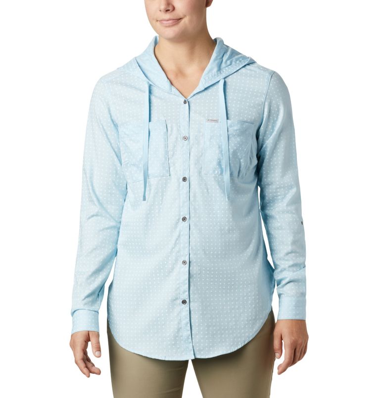 Chemise manches longues extensible à capuchon Anytime Stretch pour femme, Color: Spring Blue Ditsy Dot Print, image 1