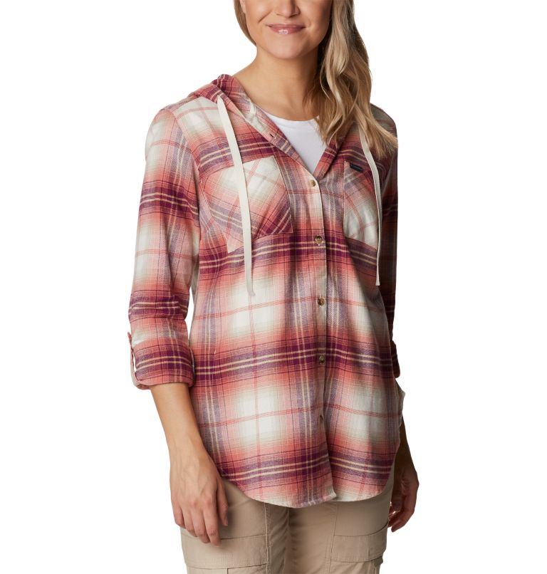 Thumbnail: Women's Anytime Stretch Hooded Long Sleeve Shirt, Color: Dark Coral Ombre Multi, image 7
