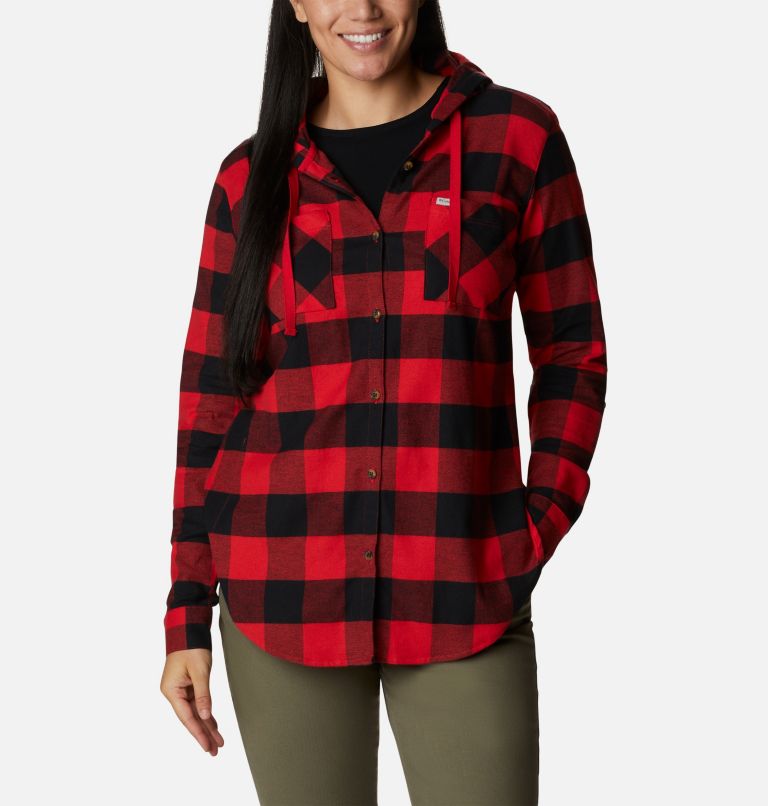 Thumbnail: Women's Anytime Stretch Hooded Long Sleeve Shirt, Color: Red Lily Buffalo Check, image 1