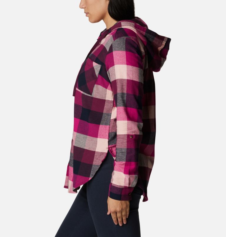 Women's Anytime Stretch Hooded Long Sleeve Shirt, Color: Wild Fuchsia Buffalo Check, image 3