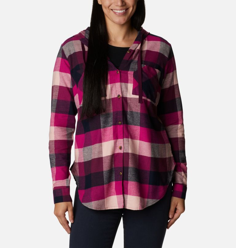 Women's Anytime Stretch Hooded Long Sleeve Shirt, Color: Wild Fuchsia Buffalo Check, image 1