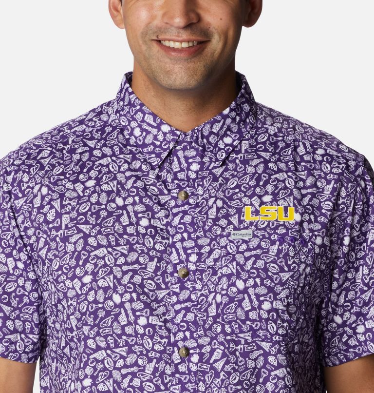 Men's Collegiate PFG Super Slack Tide Shirt - LSU, Color: LSU - Vivid Purple Gameday Print, image 4