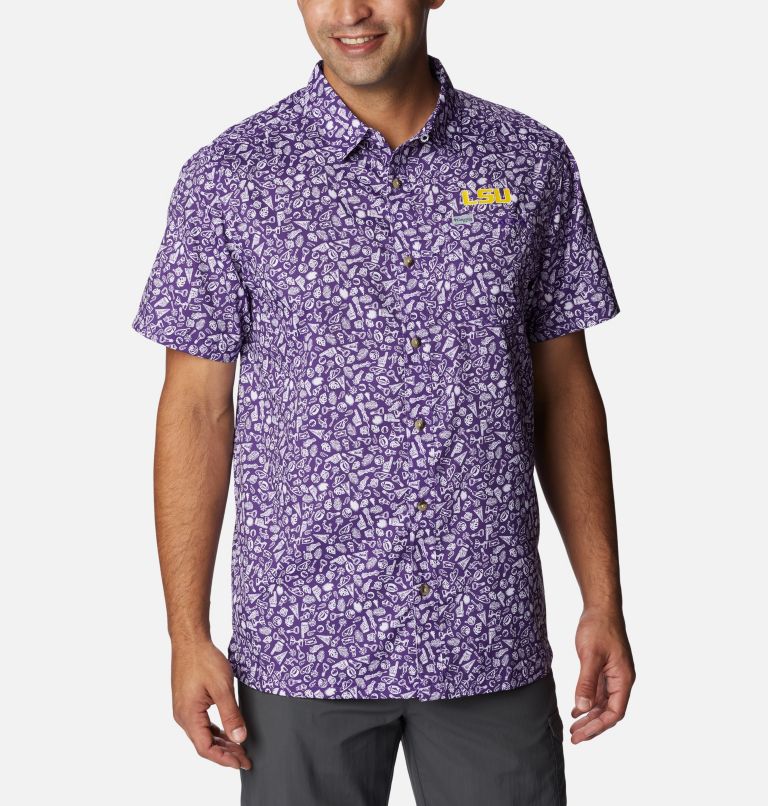 Thumbnail: Men's Collegiate PFG Super Slack Tide Shirt - LSU, Color: LSU - Vivid Purple Gameday Print, image 1