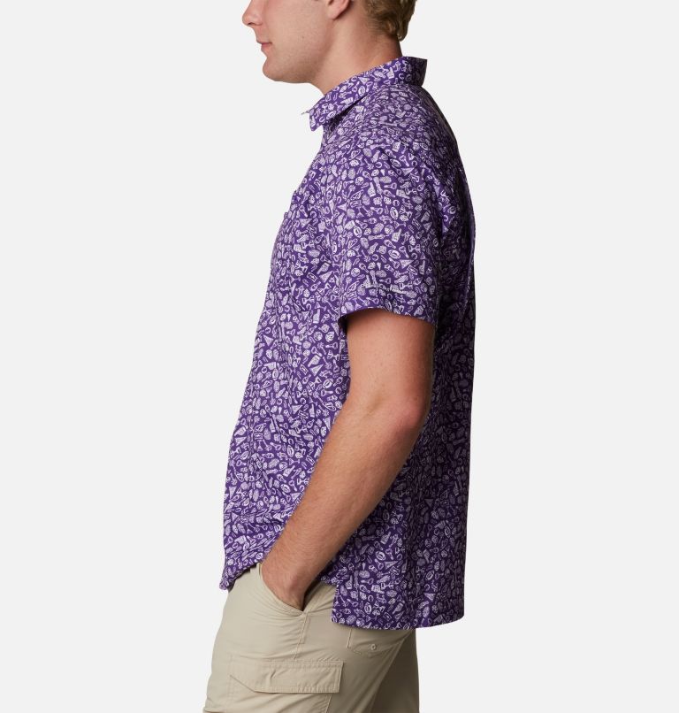 Men's Collegiate PFG Super Slack Tide Shirt - LSU, Color: LSU - Vivid Purple Micro Print