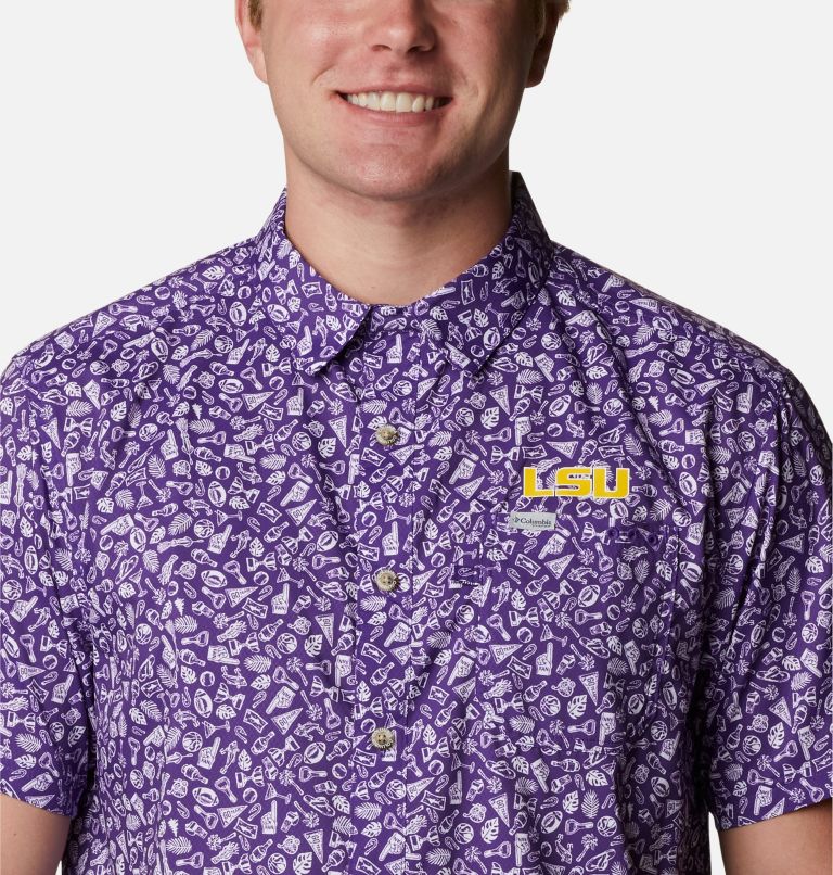 Men's Collegiate PFG Super Slack Tide Shirt - LSU, Color: LSU - Vivid Purple Micro Print, image 4
