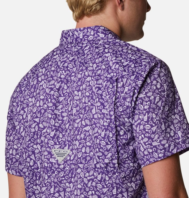 Men's Collegiate PFG Super Slack Tide Shirt - LSU, Color: LSU - Vivid Purple Micro Print