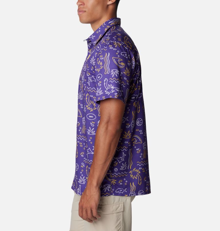 Thumbnail: Men's Collegiate PFG Super Slack Tide Shirt - LSU, Color: LSU - Vivid Purple Fish Fan Print, image 3