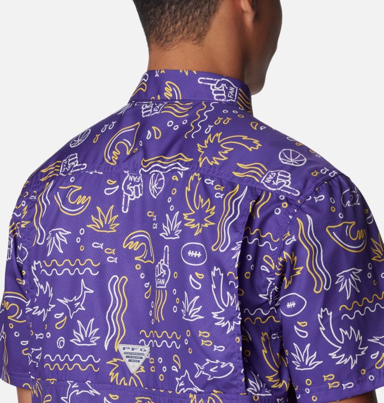 Men's Collegiate PFG Super Slack Tide Shirt - LSU, Color: LSU - Vivid Purple Fish Fan Print, image 5