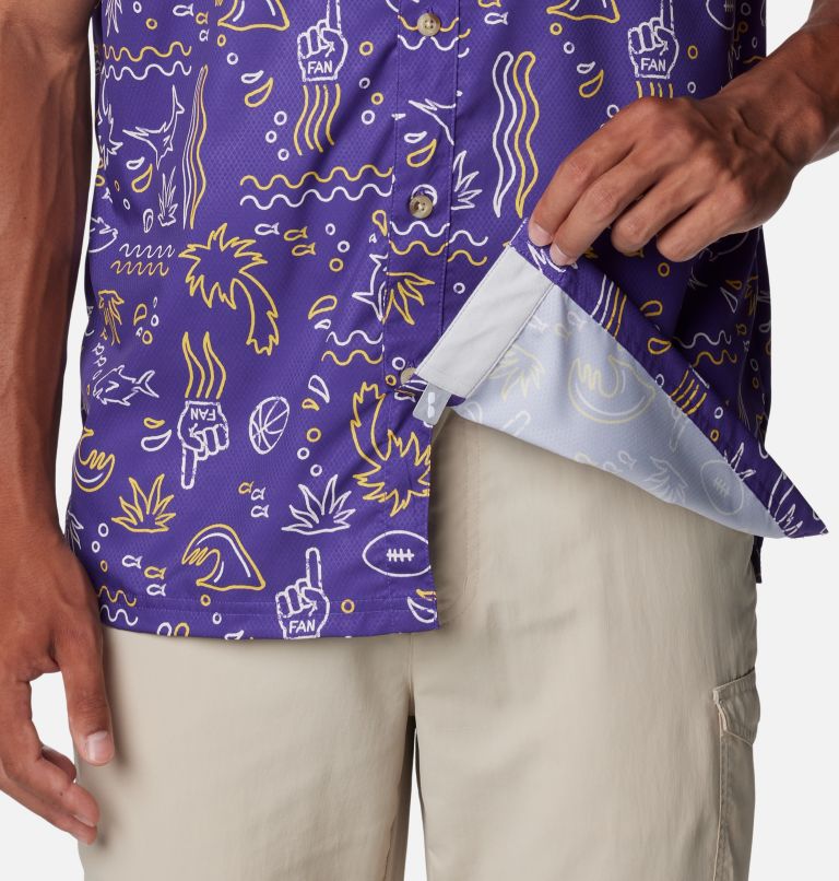 Thumbnail: Men's Collegiate PFG Super Slack Tide Shirt - LSU, Color: LSU - Vivid Purple Fish Fan Print, image 6