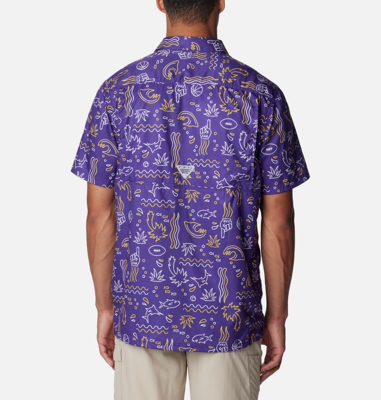 Men's Collegiate PFG Super Slack Tide Shirt - LSU, Color: LSU - Vivid Purple Fish Fan Print, image 2