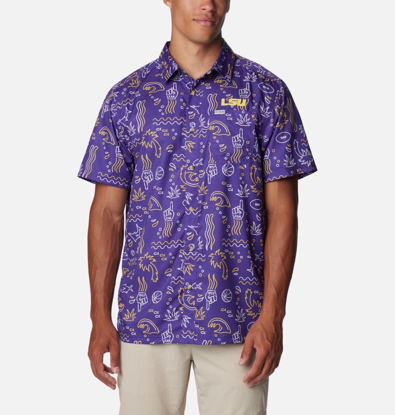 Thumbnail: Men's Collegiate PFG Super Slack Tide Shirt - LSU, Color: LSU - Vivid Purple Fish Fan Print, image 1