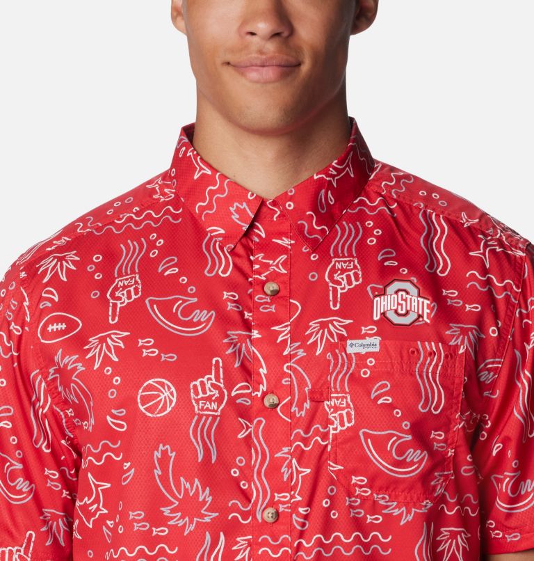 Men's Collegiate PFG Super Slack Tide Shirt - Ohio State, Color: OS - Intense Red Fish Fan Print, image 4