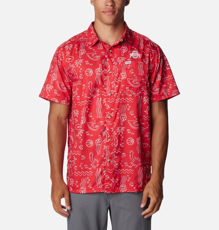 Men's Collegiate PFG Super Slack Tide Shirt - Ohio State, Color: OS - Intense Red Fish Fan Print, image 1