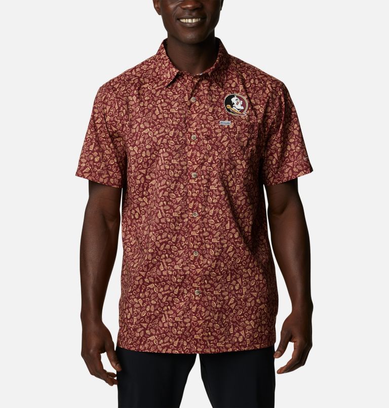 Men's Collegiate PFG Super Slack Tide Shirt - Florida State, Color: FSU - Cabernet Micro Print