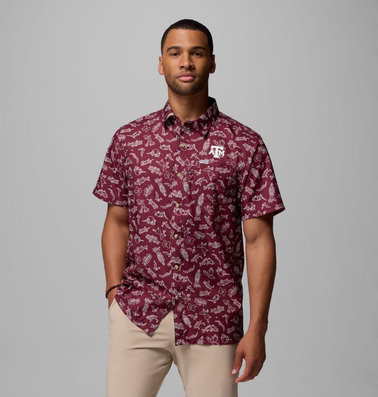 Men's Collegiate PFG Super Slack Tide Shirt - Texas A&M, Color: TAM - Deep Maroon Texas Play Print, image 1
