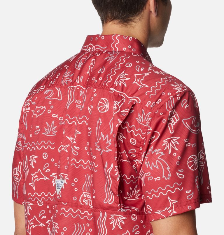 Thumbnail: Men's Collegiate PFG Super Slack Tide Shirt - Alabama, Color: ALA - Red Velvet Fish Fan Print, image 5