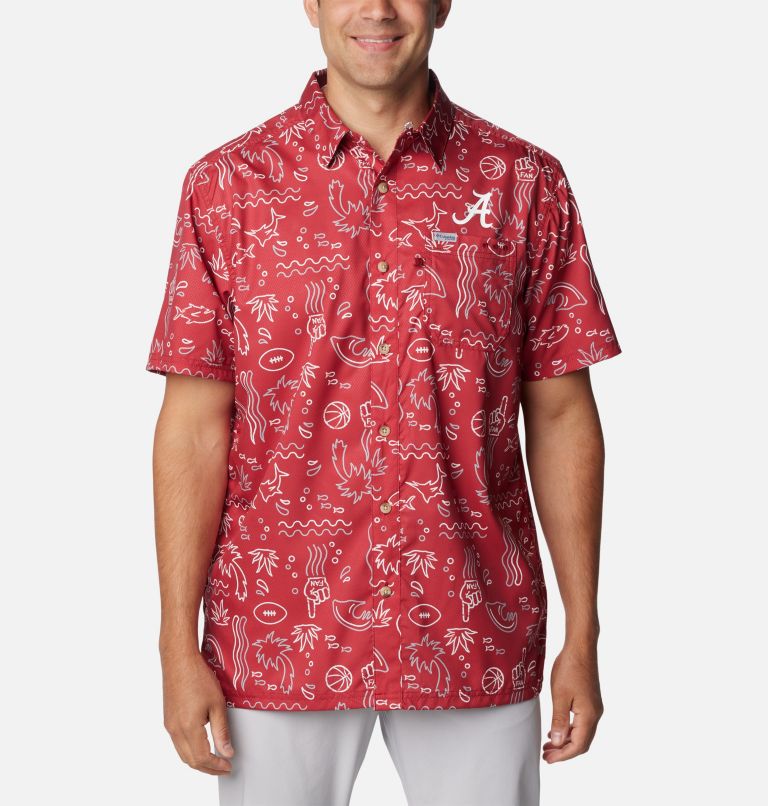 Thumbnail: Men's Collegiate PFG Super Slack Tide Shirt - Alabama, Color: ALA - Red Velvet Fish Fan Print, image 1