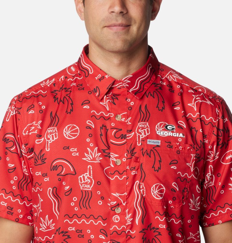 Men's Collegiate PFG Super Slack Tide Shirt - Georgia, Color: UGA - Bright Red Fish Fan Print, image 4