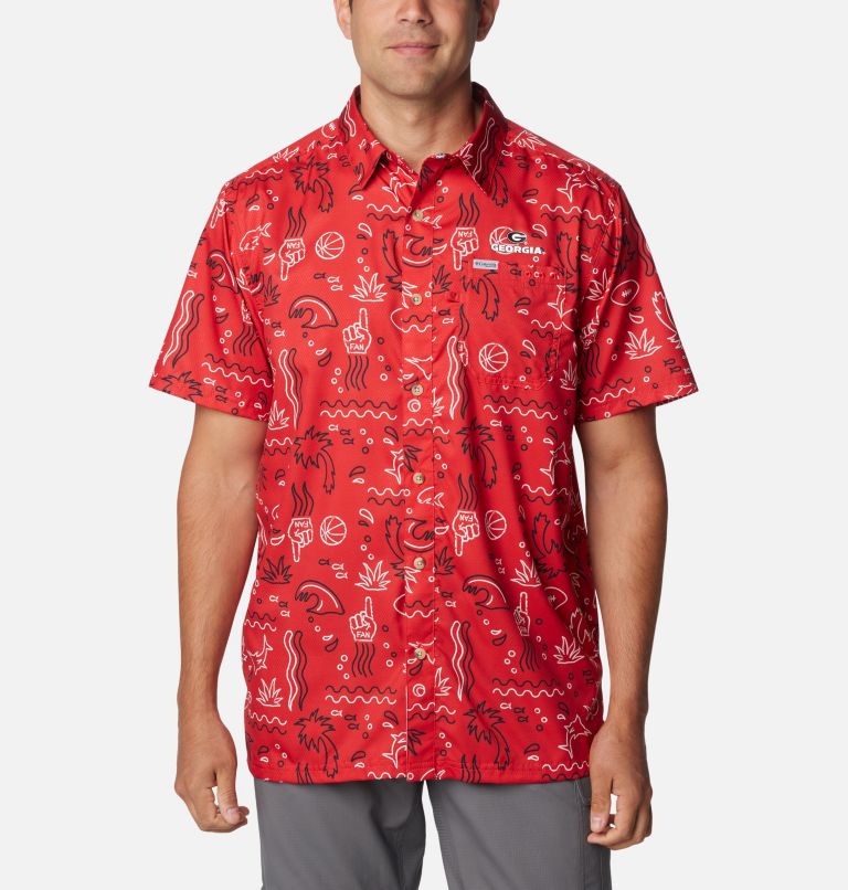 Men's Collegiate PFG Super Slack Tide Shirt - Georgia, Color: UGA - Bright Red Fish Fan Print, image 1