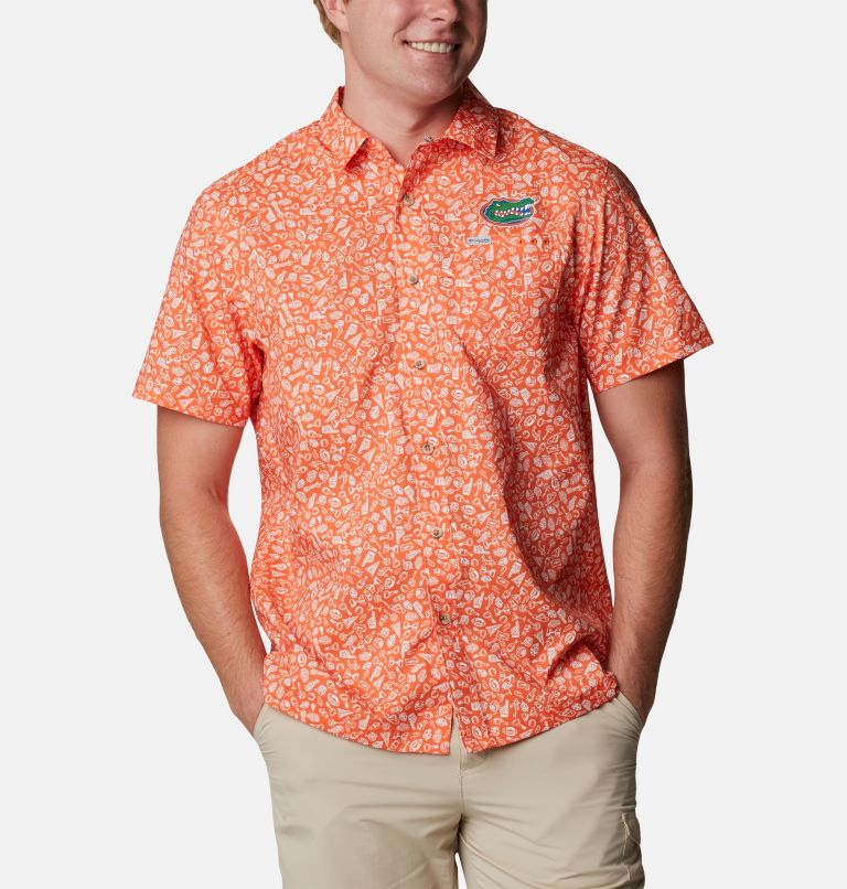Men's Collegiate PFG Super Slack Tide Shirt - Florida, Color: FLA - Spark Orange Micro Print
