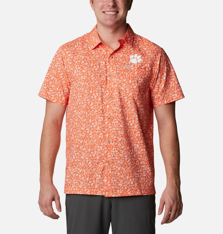 Men's Collegiate PFG Super Slack Tide Shirt - Clemson, Color: CLE - Spark Orange Micro Print
