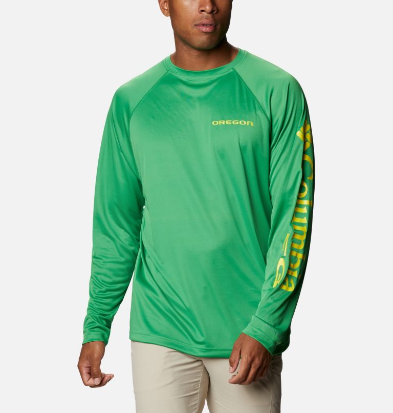 Thumbnail: Men's Collegiate PFG Terminal Tackle Long Sleeve Shirt - Oregon, Color: UO - Fuse Green, Yellow Glo, image 1