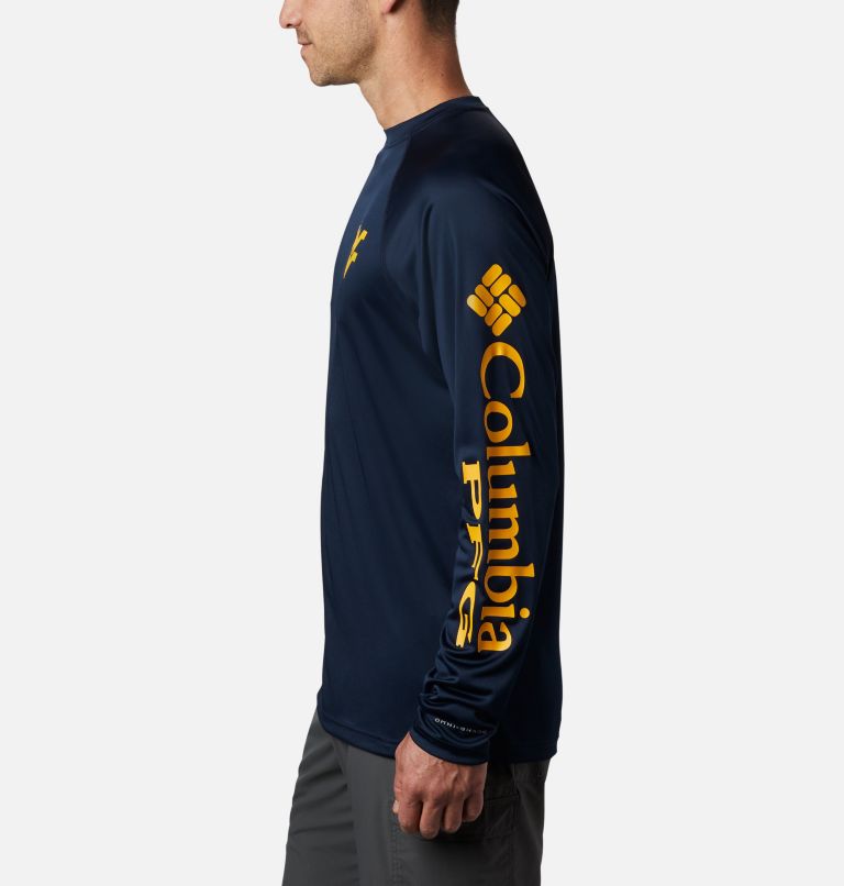 Men's Collegiate PFG Terminal Tackle Long Sleeve Shirt - West Virginia, Color: WV - Collegiate Navy, MLB Gold