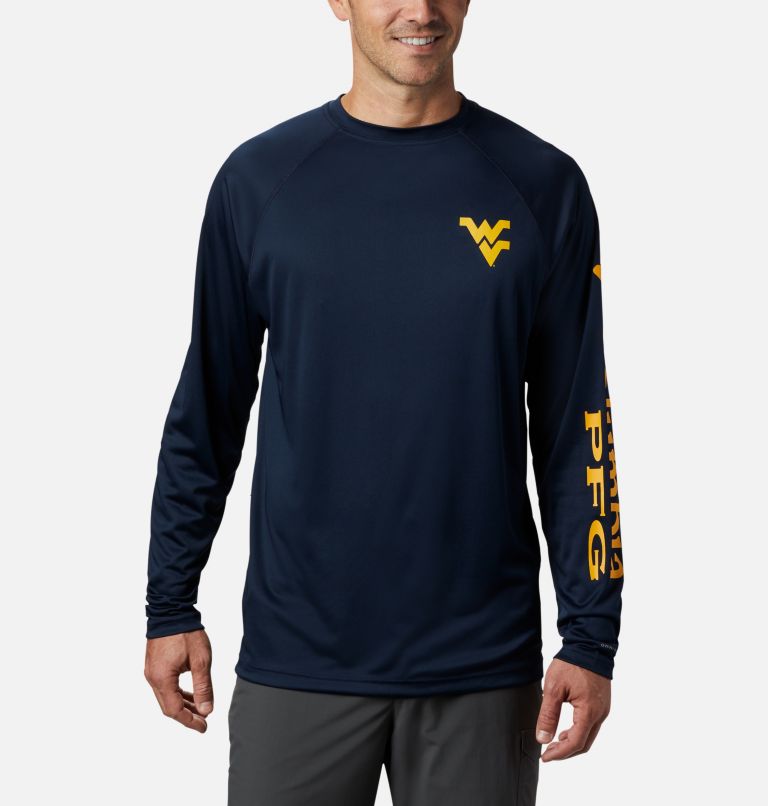 Men's Collegiate PFG Terminal Tackle Long Sleeve Shirt - West Virginia, Color: WV - Collegiate Navy, MLB Gold, image 1