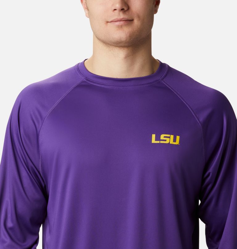 Men's Collegiate PFG Terminal Tackle Long Sleeve Shirt - LSU, Color: LSU - Vivid Purple, Collegiate Yellow